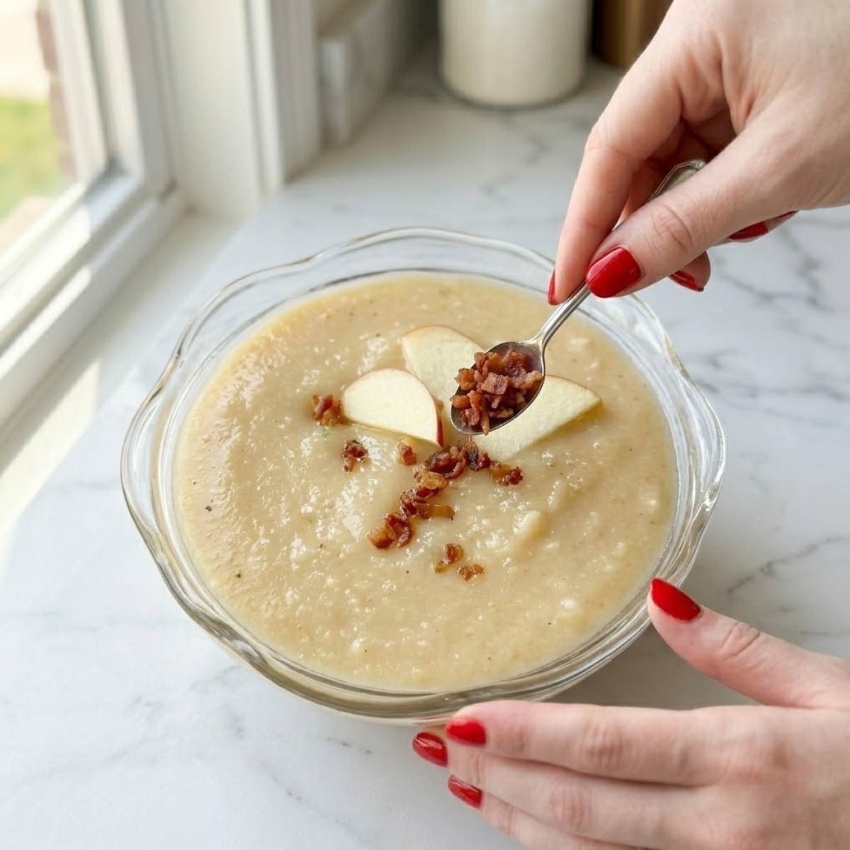 Extreme close-up overhead view dyal l- completed Creamy Apple Cheese Soup f image_33.png f l- identical clear glass bowl, f a white marble counter top in natural daylight, identically filename=image_33.png's presentation, showing l- young woman's hand f classic red nails carefully holds and is actively sprinkling heavily l- final cluster dyal crispy bacon bits f l- central cluster with a spoon, replicating l- precise arrangement dyal three fresh apple slices f equipment and green onion identical dyal filename=image_33.png.Focus critical f l- red nail and cascading garnish.