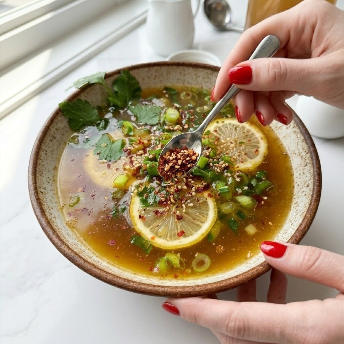 An extreme close-up overhead view dyal l- finished Hawaiian Guava Cake, identical f presentation and placement dyal filename=image_297.png, f a modern white counter top, being garnished with green onions by a young woman with classic red nails.