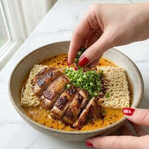 Close-up of a young woman's hands with red nails heavily garnishing a complete bowl of fiery, creamy chicken ramen with chopped green onions, exactly matching the presentation in filename=image_279.png, on a white marble kitchen counter.