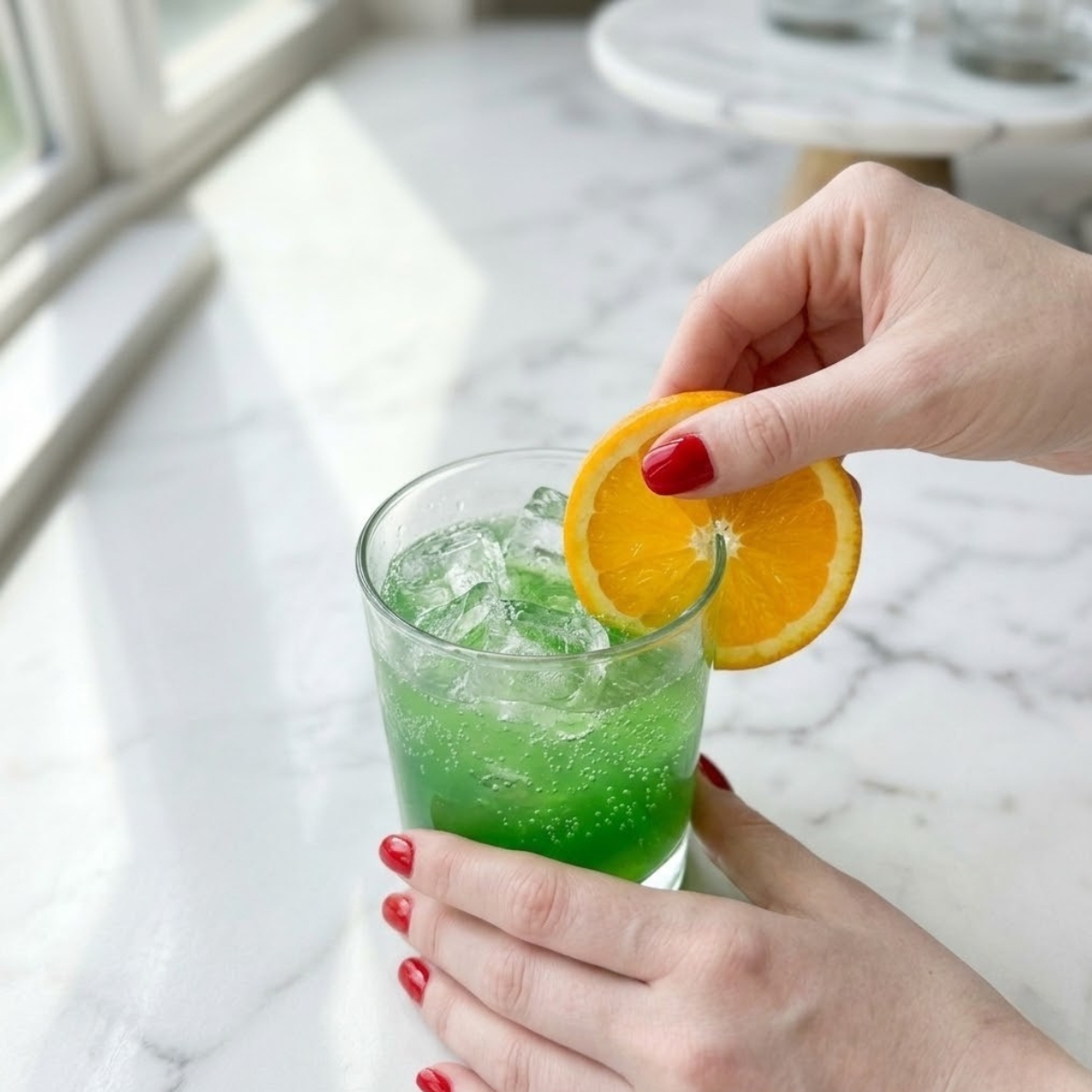 Extreme close-up overhead view of the finished Leprechaun Lemonade f image_7.png, on a white marble counter top in natural daylight, being garnished with a fresh orange wheel by a young woman with classic red nails.