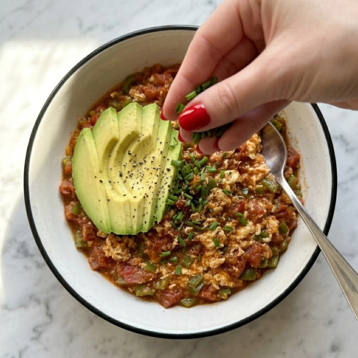 Extreme close-up overhead view of finished Menemen Turkish Egg Scramble in a rustic bowl topped with sliced avocado. A young woman's hand with classic red nails is scattering fresh chives and black pepper over the hot dish.