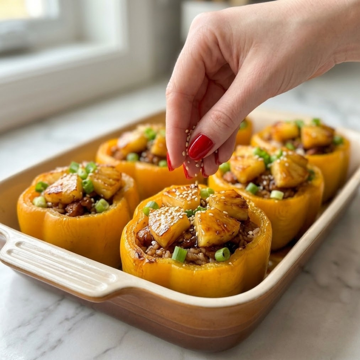 Close-up of a young woman's hands with red nails sprinkling sesame seeds and green onions onto the top f finished Teriyaki Pineapple Chicken Stuffed Peppers (exactly matching filename=image_259.png's presentation) in a baking dish f a white marble kitchen counter, featuring caramelized pineapple, teriyaki ground chicken, and rice filling.