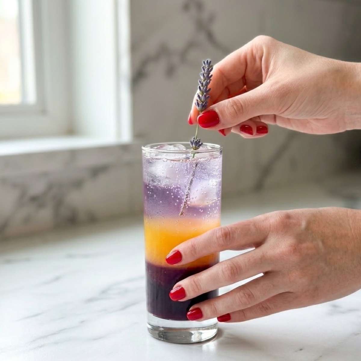 Close-up of a young woman's hands with red nails tucking a fresh lavender sprig into a frosty glass of beautifully layered, bubbly Lavender Citrus Punch on a white marble kitchen counter.
