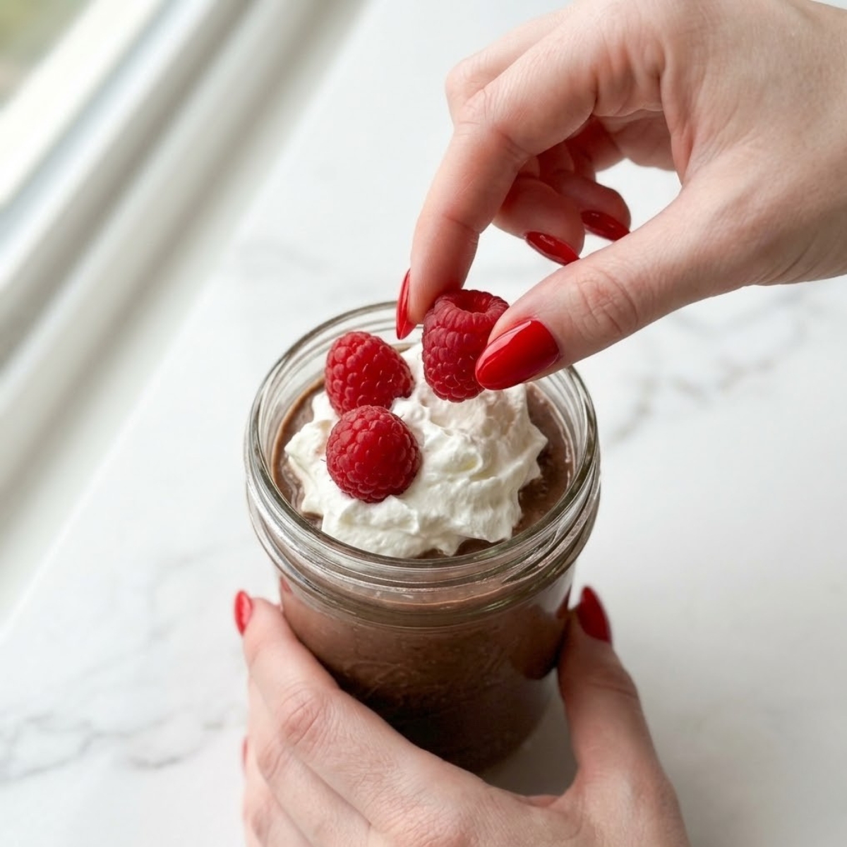 Extreme close-up view of finished Blended Chocolate Chia Pudding in a small glass mason jar topped with whipped cream. A young woman's hand with classic red nails is carefully placing fresh red raspberries on top of the cream.