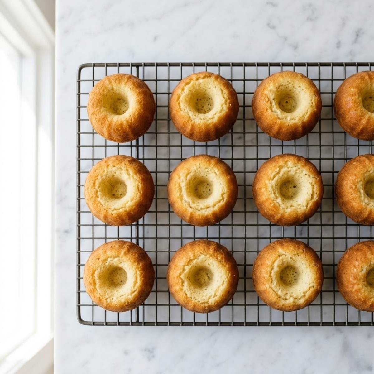 Overhead view of freshly baked, plain golden-brown mini lemon cakes resting on a wire cooling rack on a white marble counter top in natural daylight. No hands are visible.