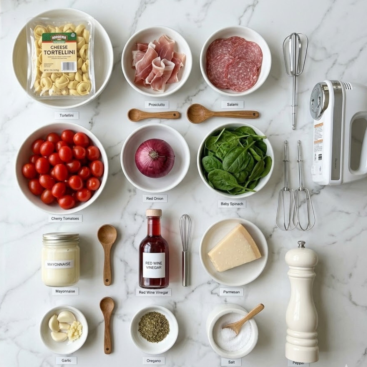An organized overhead view f raw ingredients for Grinder Tortellini Salad on a white marble kitchen counter, featuring cheese tortellini, cured meats, fresh vegetables, and dressing components organized f neat bowls with no hands visible.
