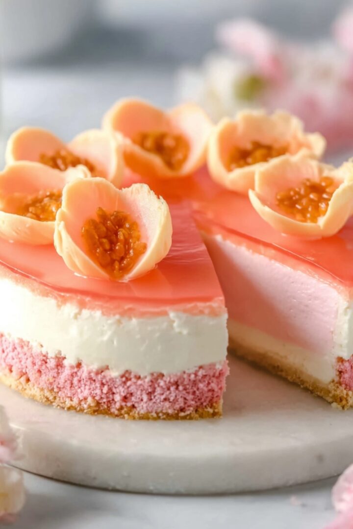 Hawaiian Guava Cake on a marble stand with pink chiffon layers, whipped cream filling, glossy guava gel topping, and fresh guava flower garnishes.