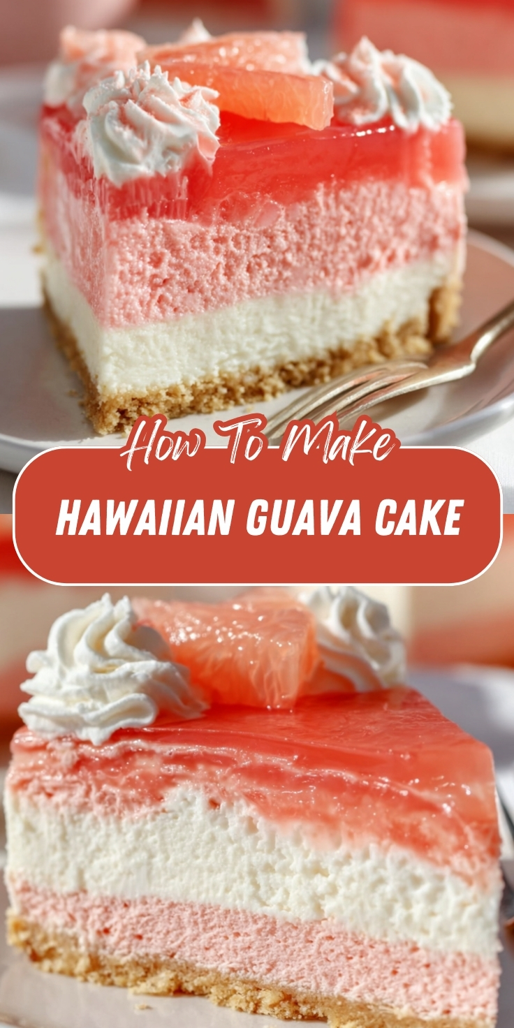 Hawaiian Guava Cake Pinterest graphic showing layered slices with pink guava chiffon, cream cheese filling, glossy guava gel topping, and whipped cream rosettes on a graham cracker crust.