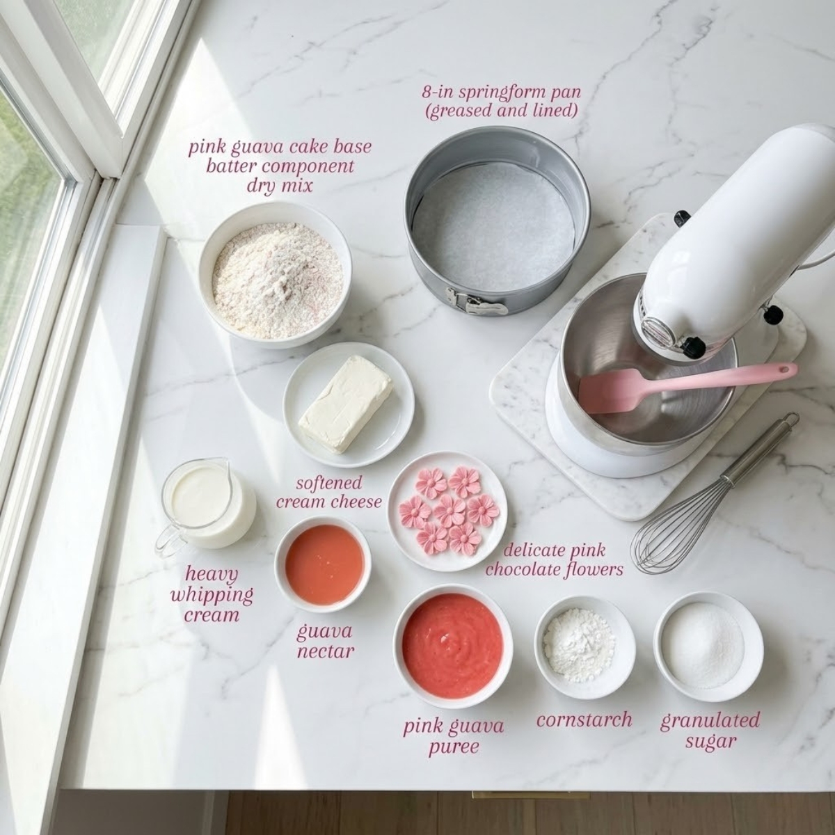 Organized overhead flat lay of raw ingredients for Hawaiian Guava Cake, including guava nectar, cream cheese, and pink chocolate flowers, neatly arranged in bowls with kitchen equipment on a white marble counter in natural light. No hands are visible.