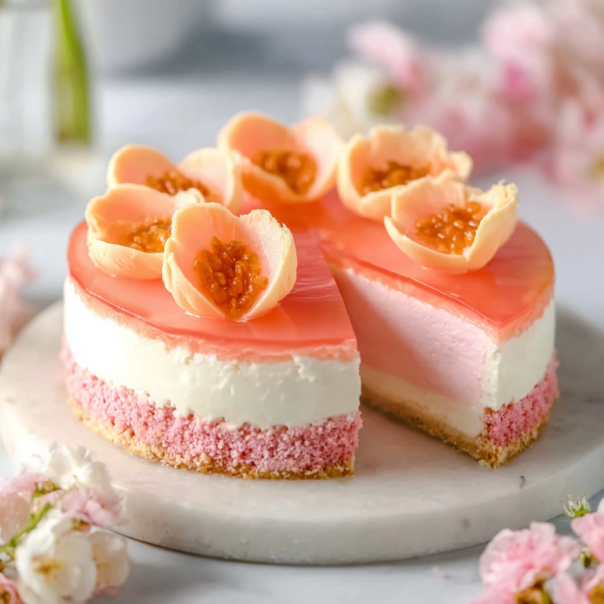 Hawaiian Guava Cake on a marble stand with pink chiffon layers, whipped cream filling, glossy guava gel topping, and fresh guava flower garnishes.