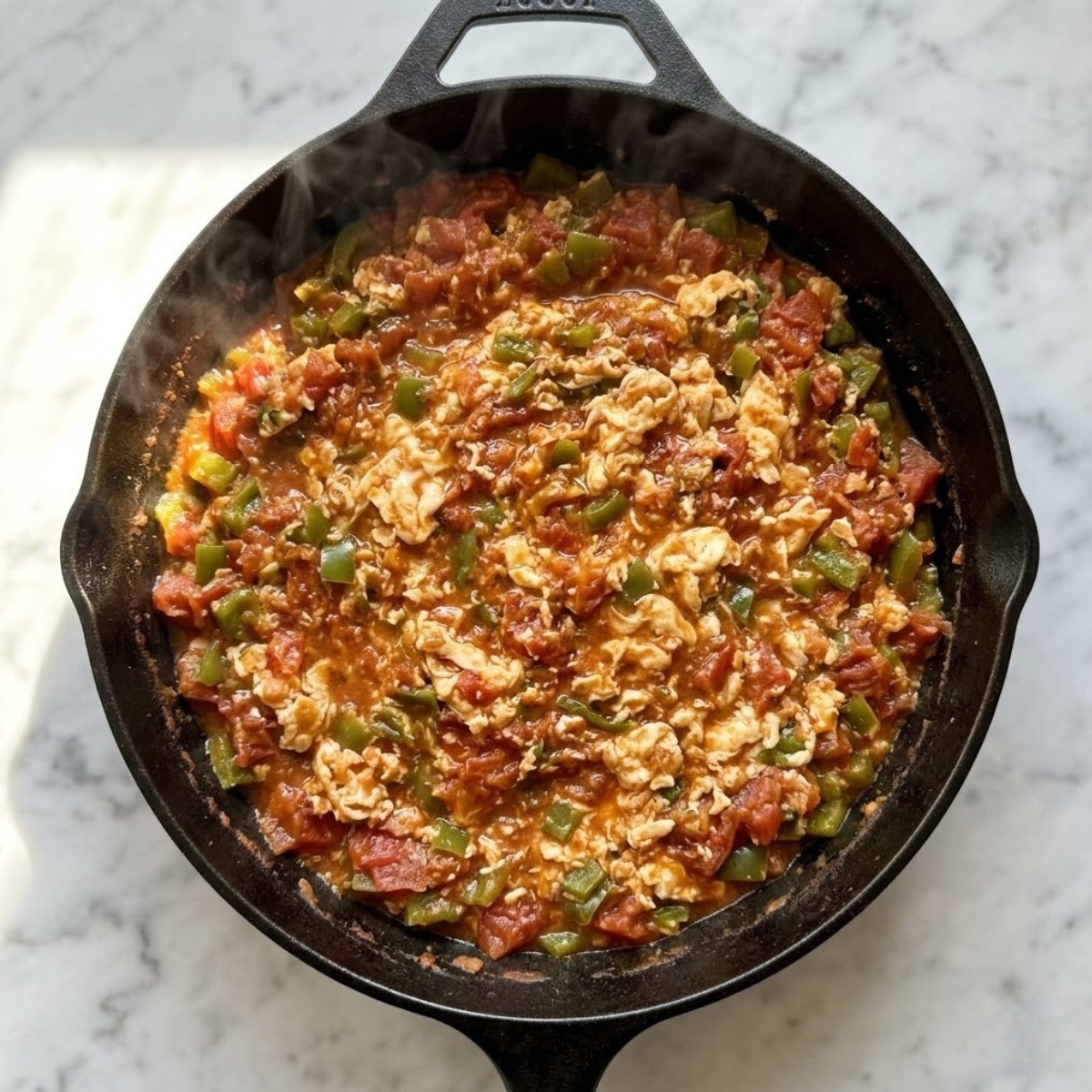 Overhead view of freshly cooked, warm Menemen Turkish Egg Scramble resting in a skillet on a white marble counter top in natural daylight. Steam is rising. No hands are visible.