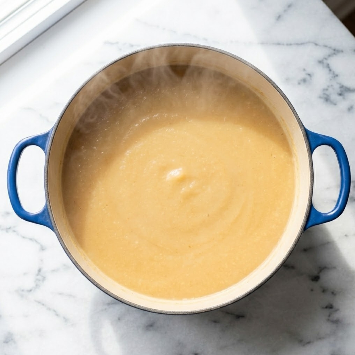Overhead view of perfectly smooth, hot, pale golden-orange apple soup resting in a Dutch oven on a white marble counter top in natural daylight. Steam is rising. No hands are visible.