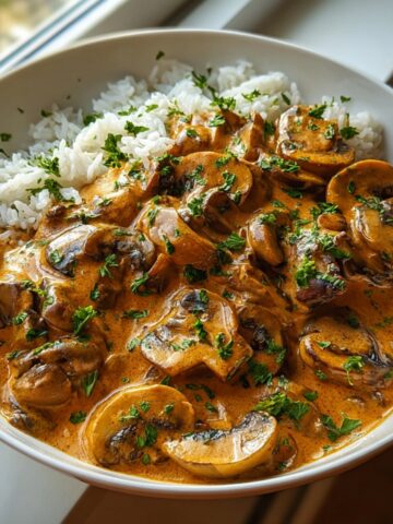 Hungarian Mushroom Paprikash in a white bowl with sautéed mushrooms in creamy paprika sauce, fresh parsley, and steamed white rice.