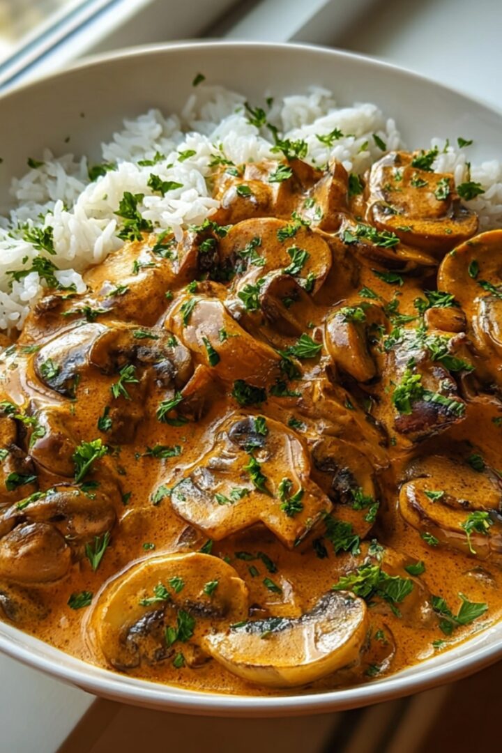 Hungarian Mushroom Paprikash in a white bowl with sautéed mushrooms in creamy paprika sauce, fresh parsley, and steamed white rice.