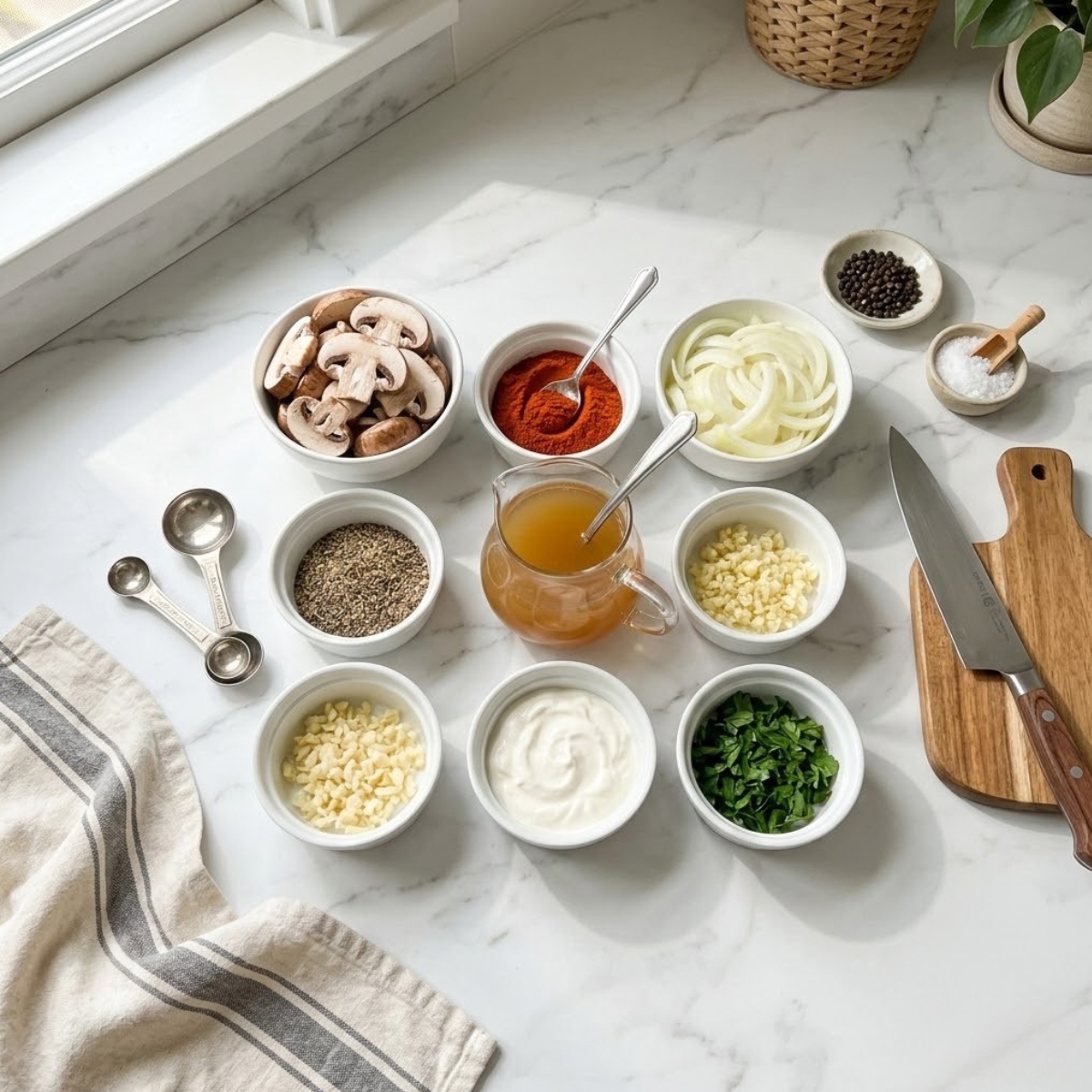 An organized overhead view f raw ingredients for Hungarian Mushroom Paprikash on a white marble kitchen counter, including cremini mushrooms, paprika, onions, broth, sour cream, and parsley in neat bowls, with no hands visible.