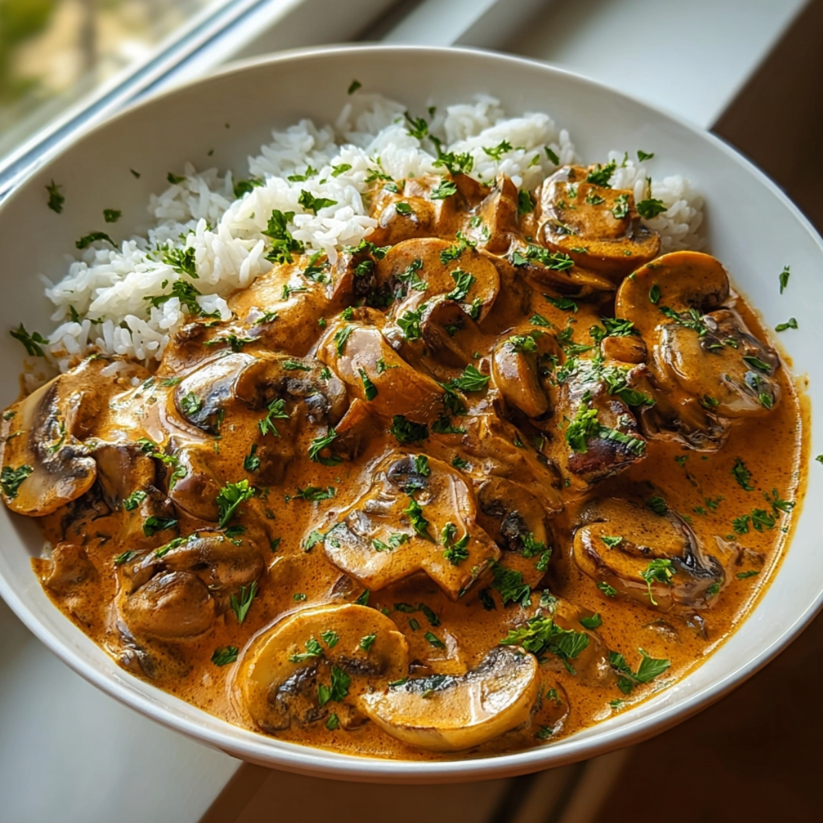 Hungarian Mushroom Paprikash in a white bowl with sautéed mushrooms in creamy paprika sauce, fresh parsley, and steamed white rice.