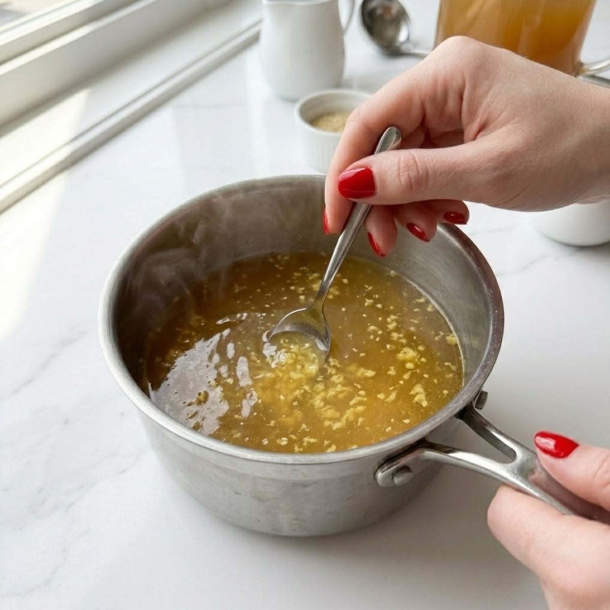 Close-up view dyal young woman's hands f classic red nails holding a spoon and actively stirring raw, grated ginger as it infuses golden vegetable broth simmering f a stainless steel saucepan f a marble counter f natural left light.