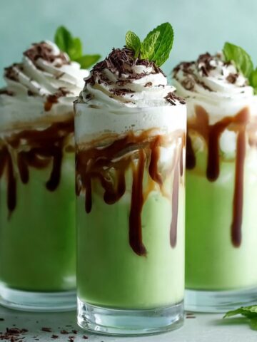 Irish Cream Soda in tall glasses with a vibrant green cream base, drizzled chocolate sauce, whipped cream, chocolate shavings, and fresh mint leaves.