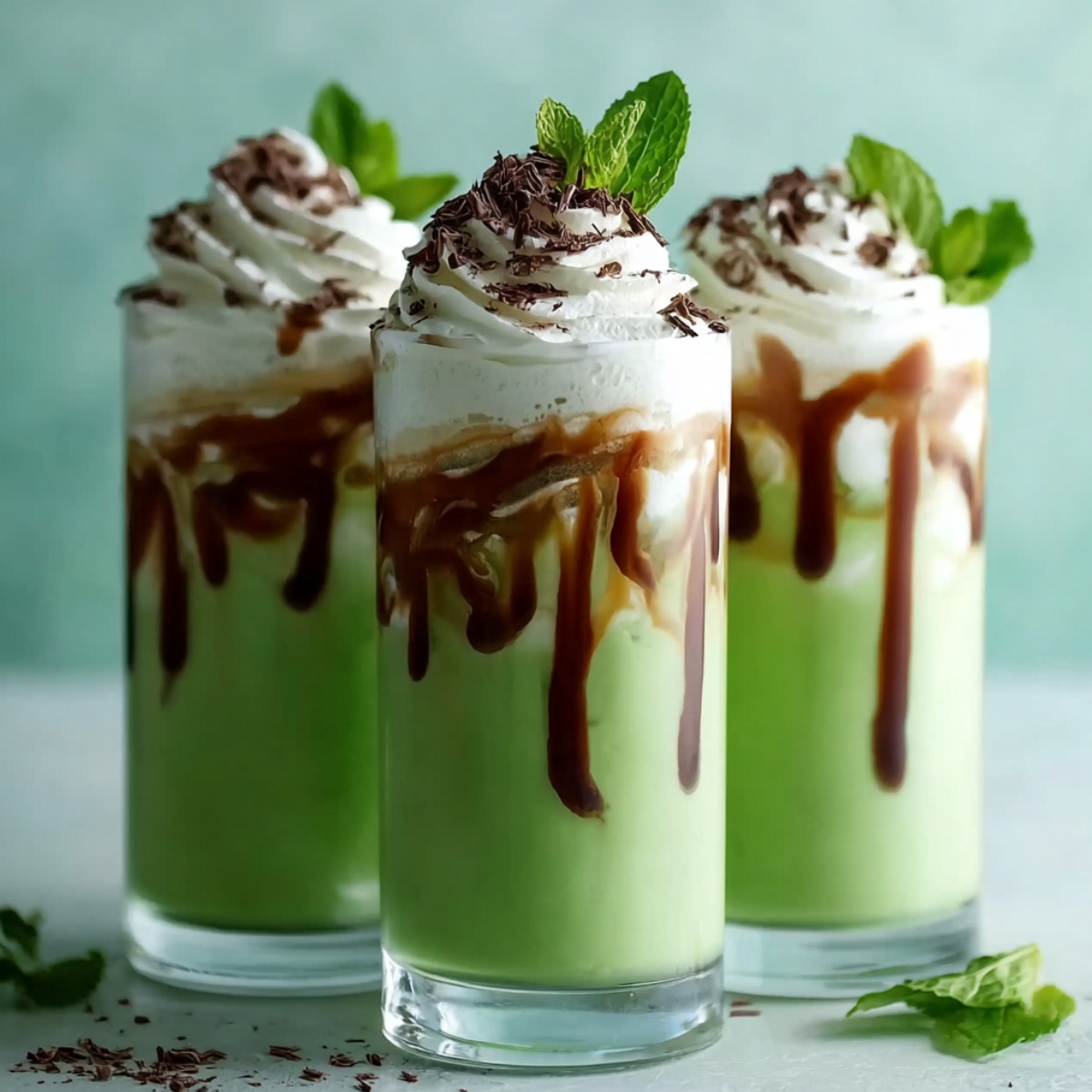Irish Cream Soda in tall glasses with a vibrant green cream base, drizzled chocolate sauce, whipped cream, chocolate shavings, and fresh mint leaves.