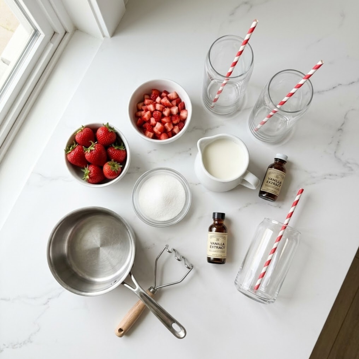 Organized overhead flat lay of raw ingredients for Strawberry Milk, including fresh strawberries, sugar, milk, and vanilla extract, arranged alongside glasses and striped straws on a white marble counter in natural light. No hands are visible.