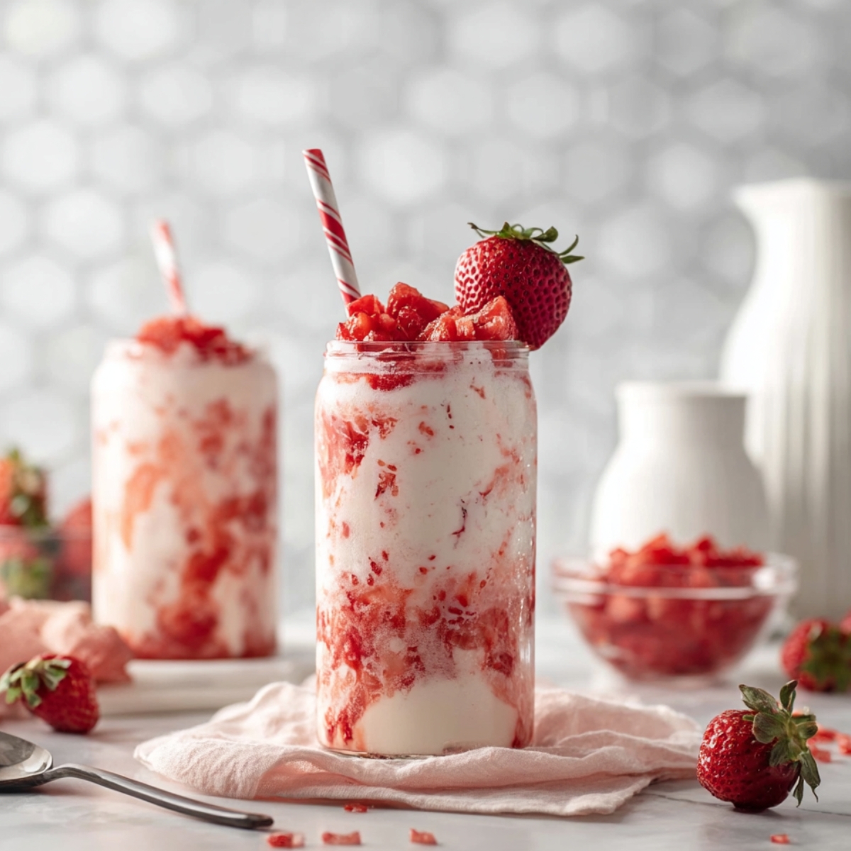 A glass jar of Korean strawberry milk with swirls of strawberry and cream, topped with diced strawberries and a whole strawberry, served with a red and white striped straw, surrounded by fresh strawberries, a bowl of diced strawberries, and a white milk pitcher on a light marble surface.