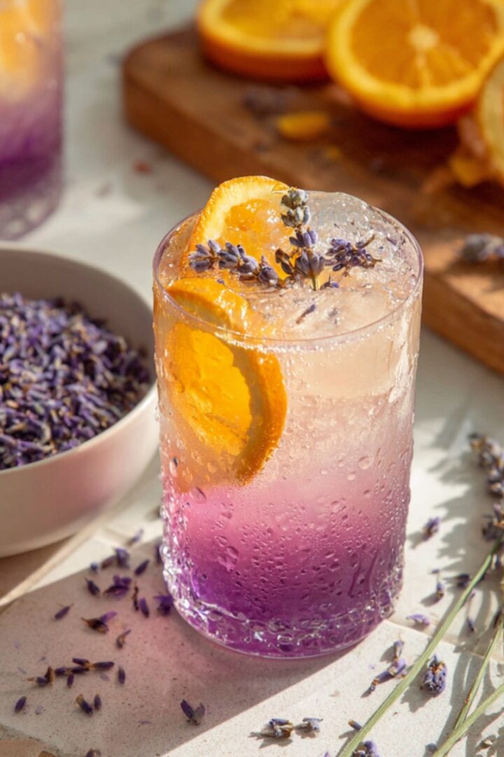 Lavender Citrus Punch in a frosty glass with purple-to-clear ombre, orange slices, lavender sprigs, surrounded by dried lavender and fresh oranges.