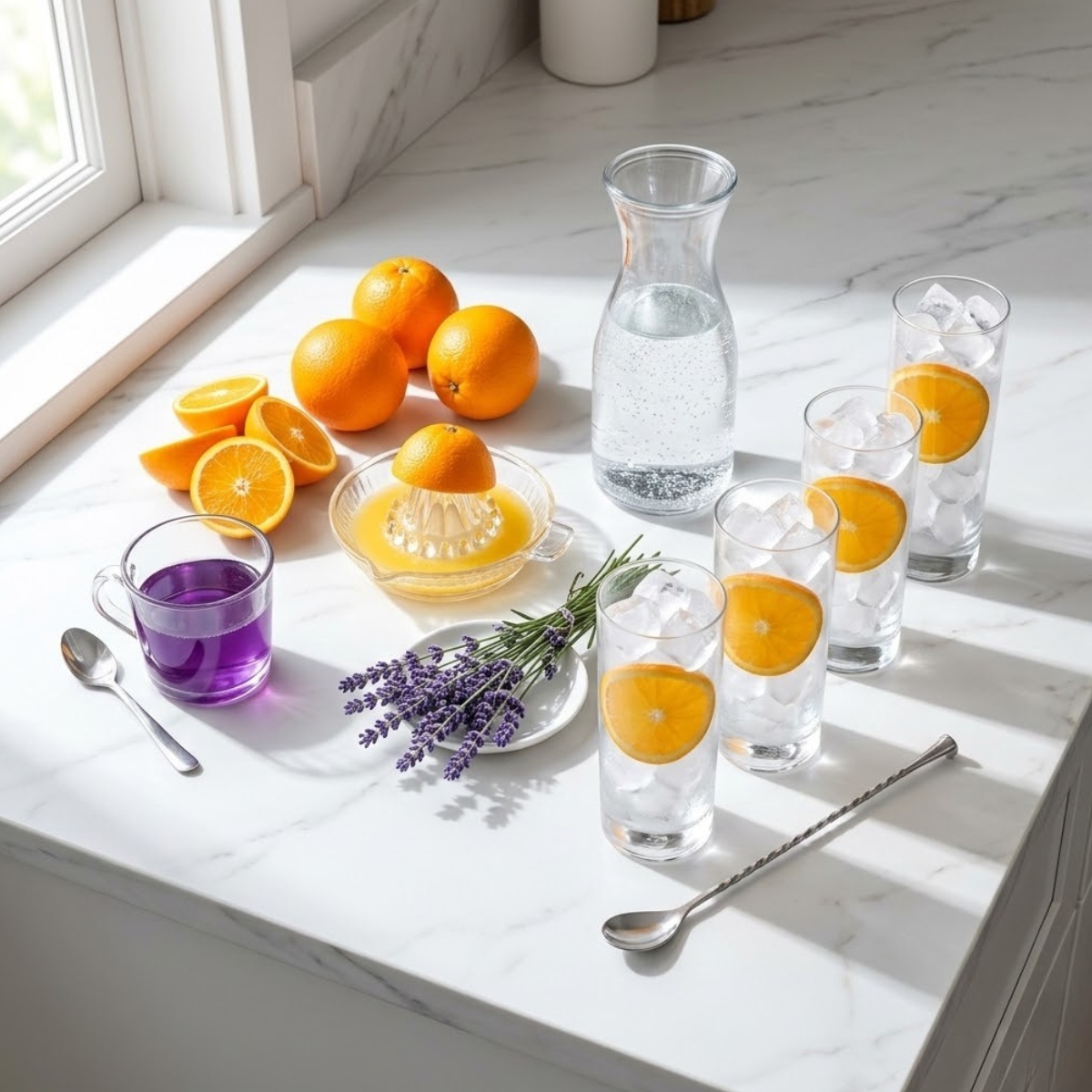 Overhead view of organized ingredients for Lavender Citrus Punch, including lavender syrup, fresh oranges, sparkling water, lavender sprigs, and ice-filled tall glasses, on a white marble kitchen counter without hands present.