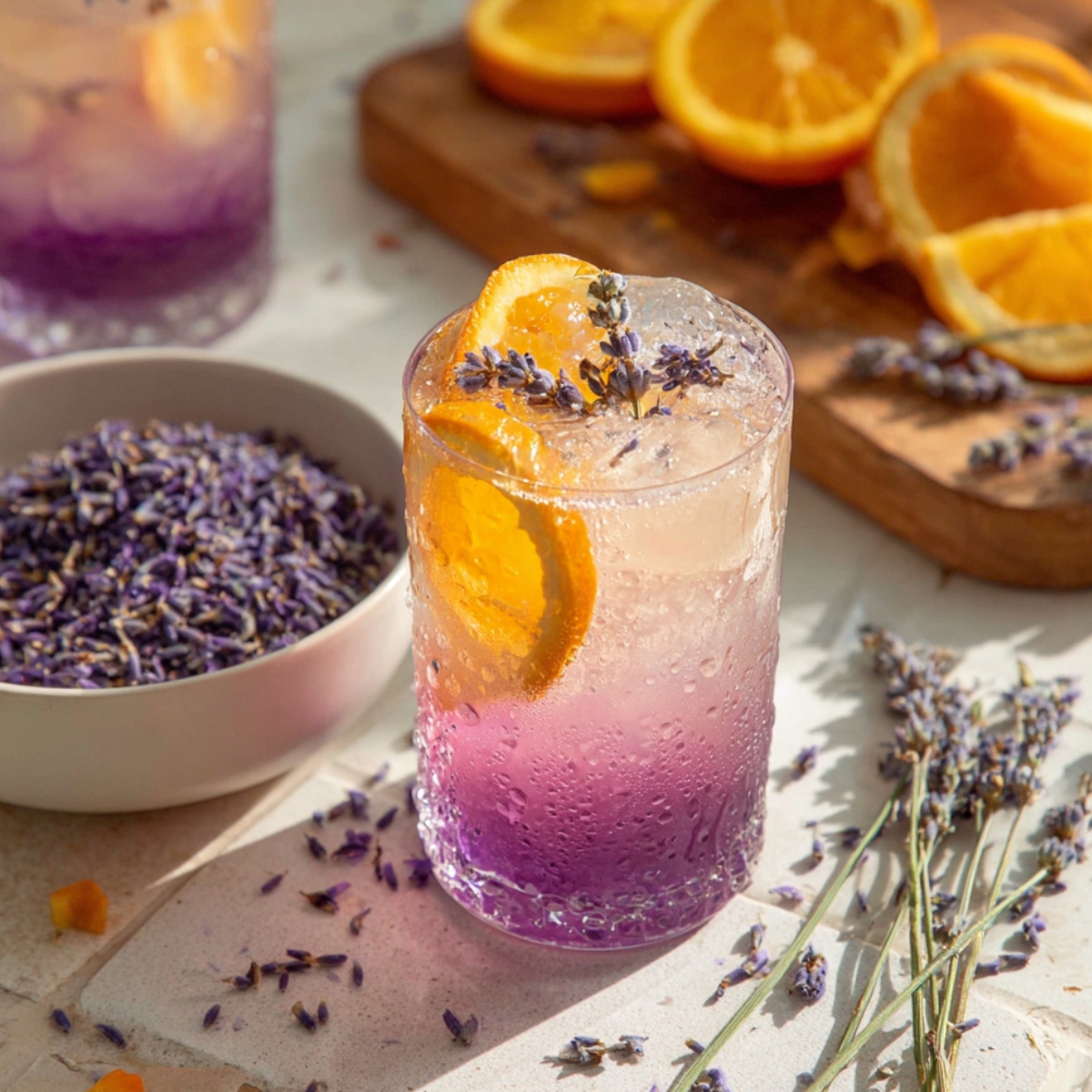 Lavender Citrus Punch in a frosty glass with purple-to-clear ombre, orange slices, lavender sprigs, surrounded by dried lavender and fresh oranges.