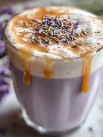 A glass of lavender milk tea topped with frothy foam, caramel drizzle, dried lavender buds, and a dusting of cinnamon, with fresh lavender sprigs in the background.