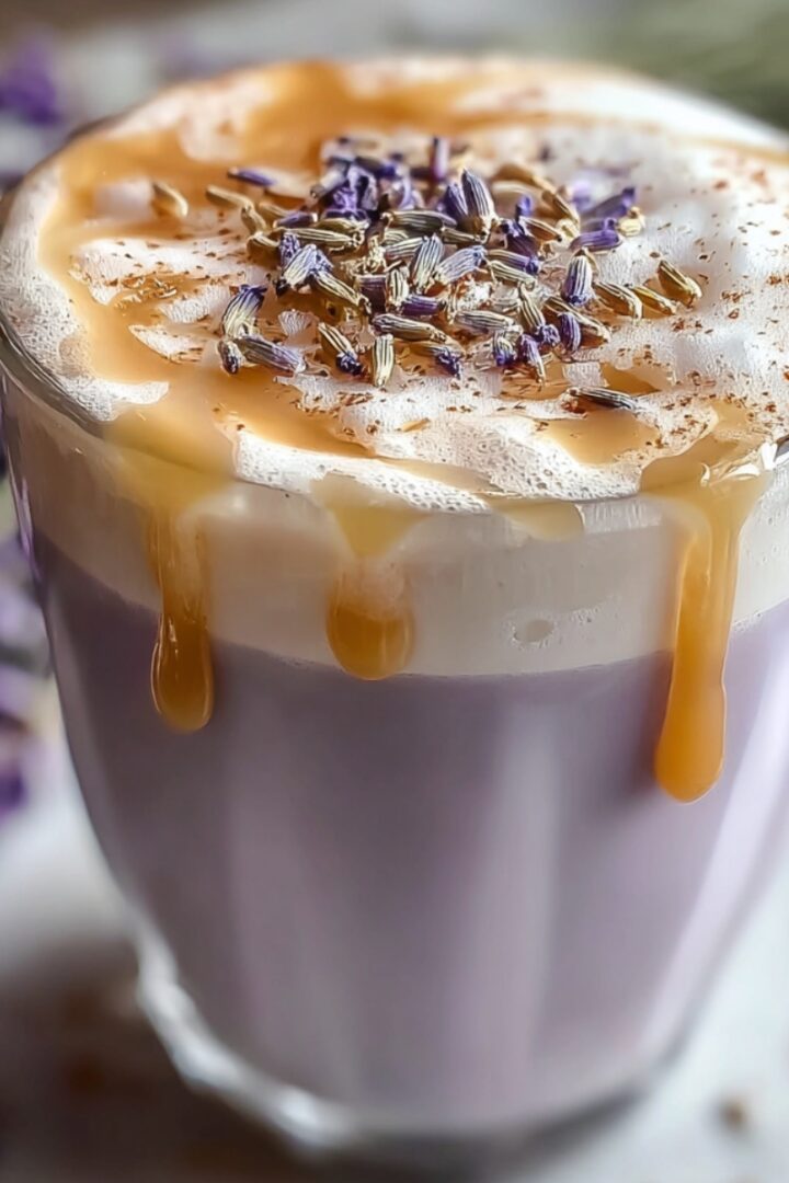 A glass of lavender milk tea topped with frothy foam, caramel drizzle, dried lavender buds, and a dusting of cinnamon, with fresh lavender sprigs in the background.