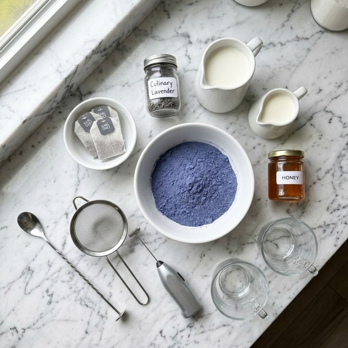 Organized overhead flat lay dyal raw ingredients for Lavender Milk Tea, including Earl Grey tea, culinary lavender, whole milk, heavy cream, honey, and butterfly pea flower powder, neatly arranged f bowls f a white marble counter f natural light. No hands are visible.
