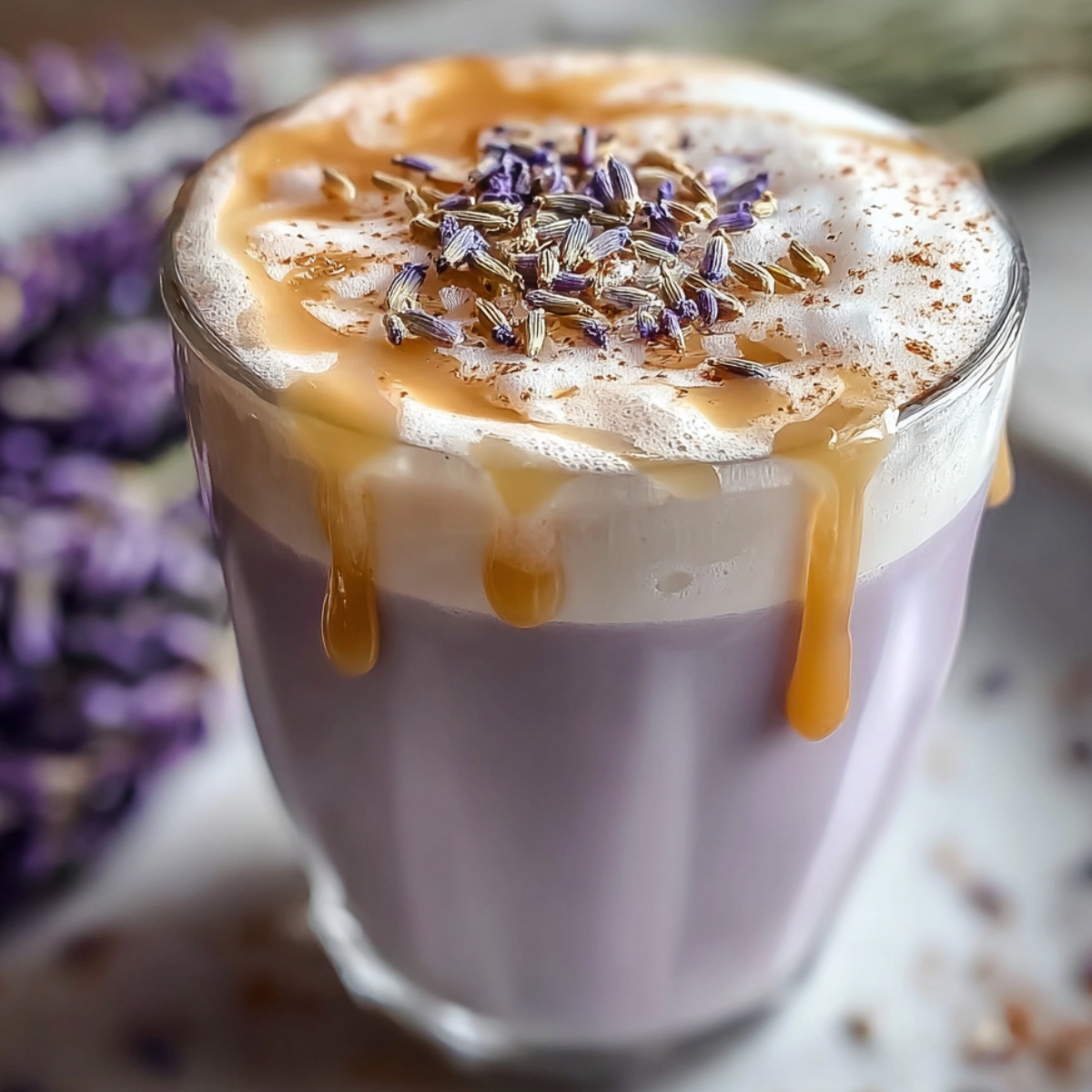 A glass of lavender milk tea topped with frothy foam, caramel drizzle, dried lavender buds, and a dusting of cinnamon, with fresh lavender sprigs in the background.