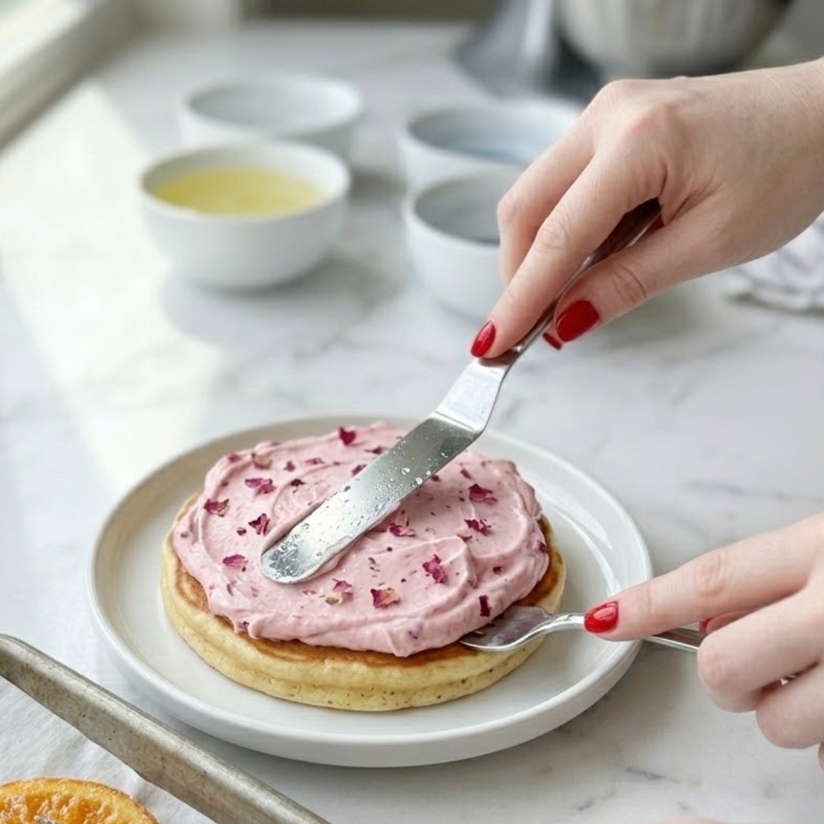 Close-up dyal young woman's hands with classic red nails spreading pink strawberry cream over a warm pancake base to build a stack, on a white marble kitchen counter.