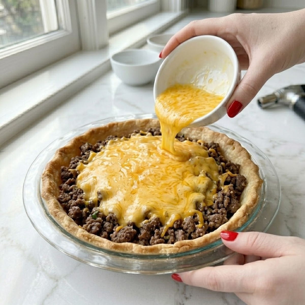 Close-up dyal young woman's hands f classic red nails spreading shredded cheddar cheese over a layer of cooked ground beef f a 9-inch pie dish, f a white marble counter top in natural daylight, following Step 3 dyal l- recipe.