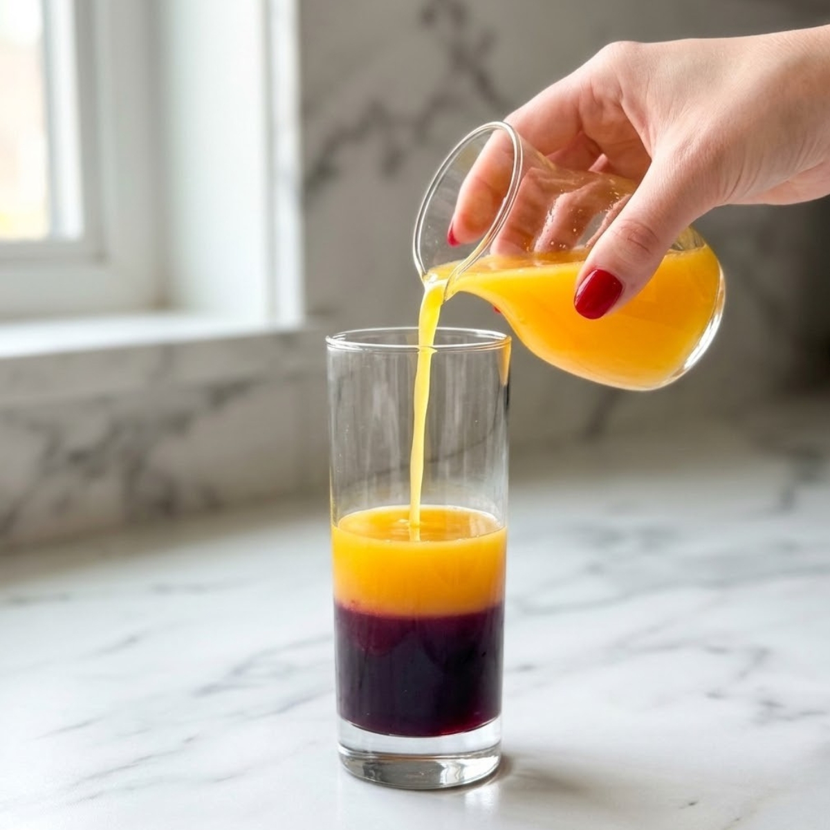 Close-up of a young woman's hand with red nails gently pouring fresh orange juice over a layer of purple lavender syrup in an ice-filled glass on a white marble kitchen counter.
