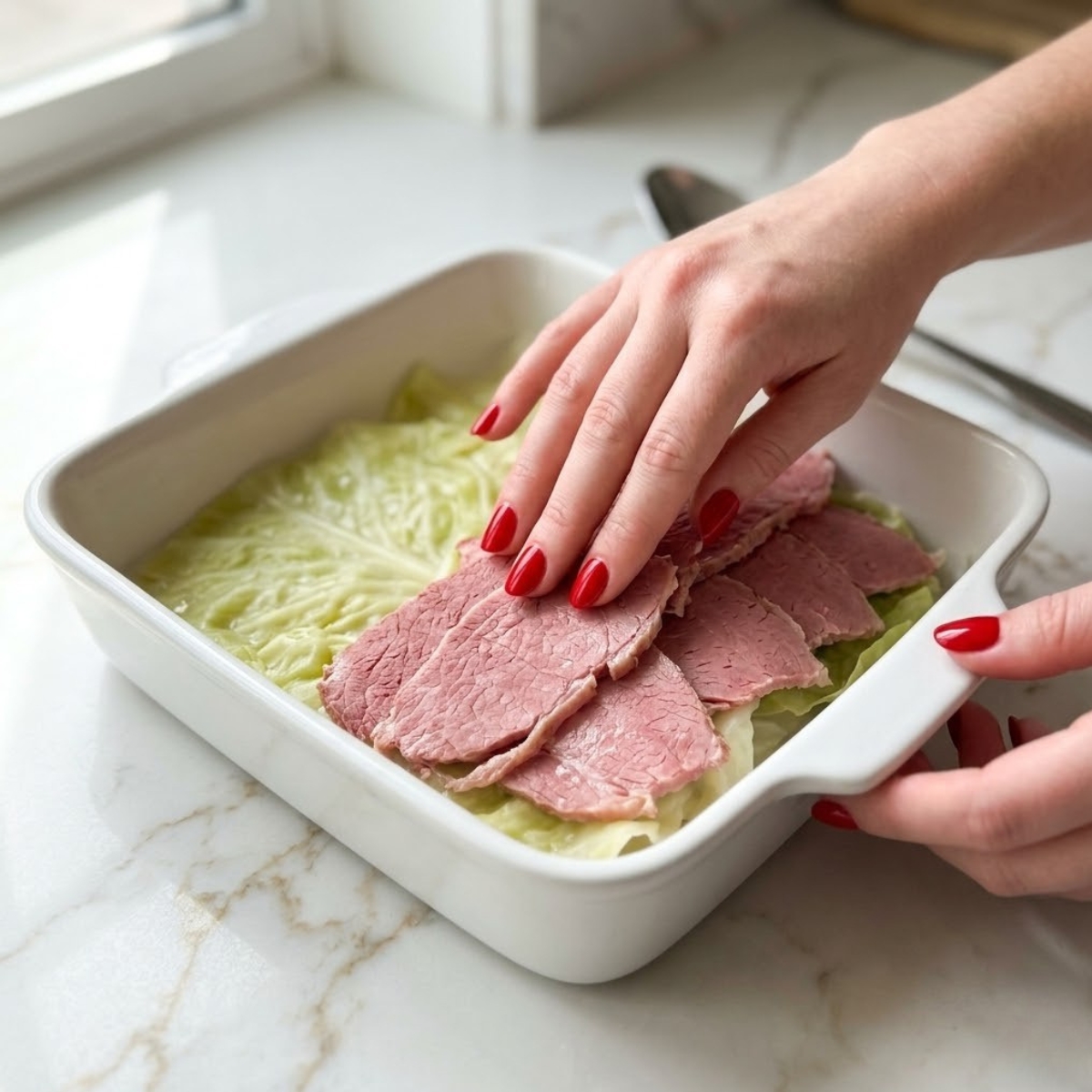 Close-up view of a young woman's hands with classic red nails carefully layering thin slices of cooked corned beef over blanched green cabbage leaves inside a square baking dish.