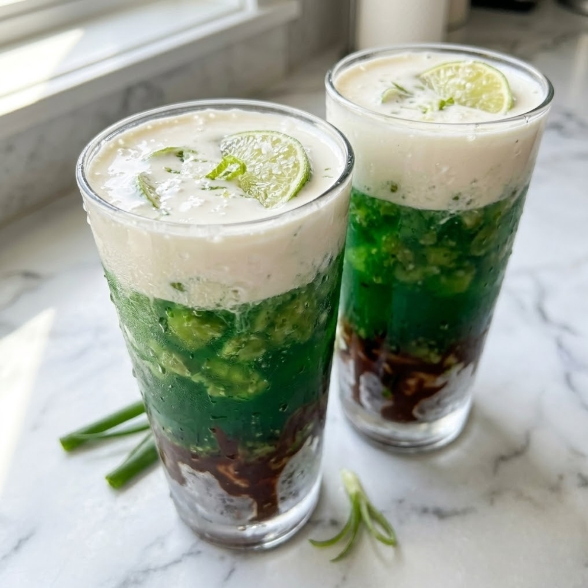 overhead top-down view of the massive, layered Leprechaun Soda f tall frosty glasses f a white marble counter top in natural daylight, identically filename=image_40.png's presentation, showing l- distinct, unmixed layers dyal chocolate, green soda, and white heavy cream. No hands are visible.