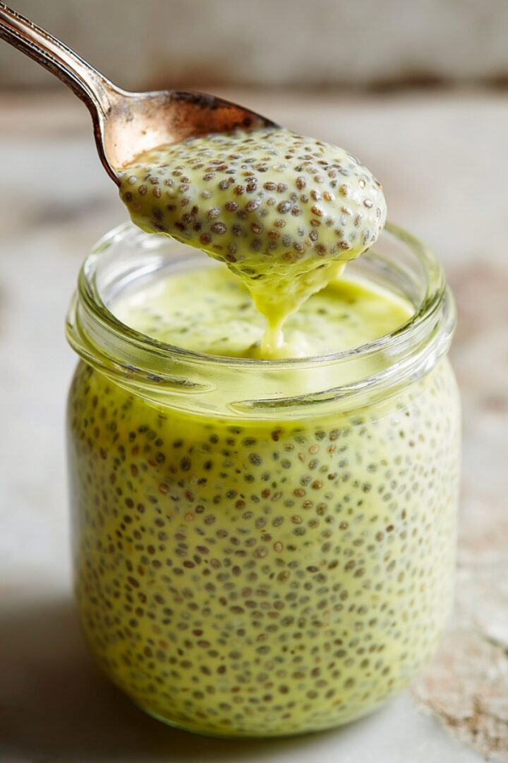 A glass jar of lemon curd chia pudding with a bright yellow-green hue and visible chia seeds, with a vintage spoon lifting a dripping spoonful above the jar, on a rustic stone surface.