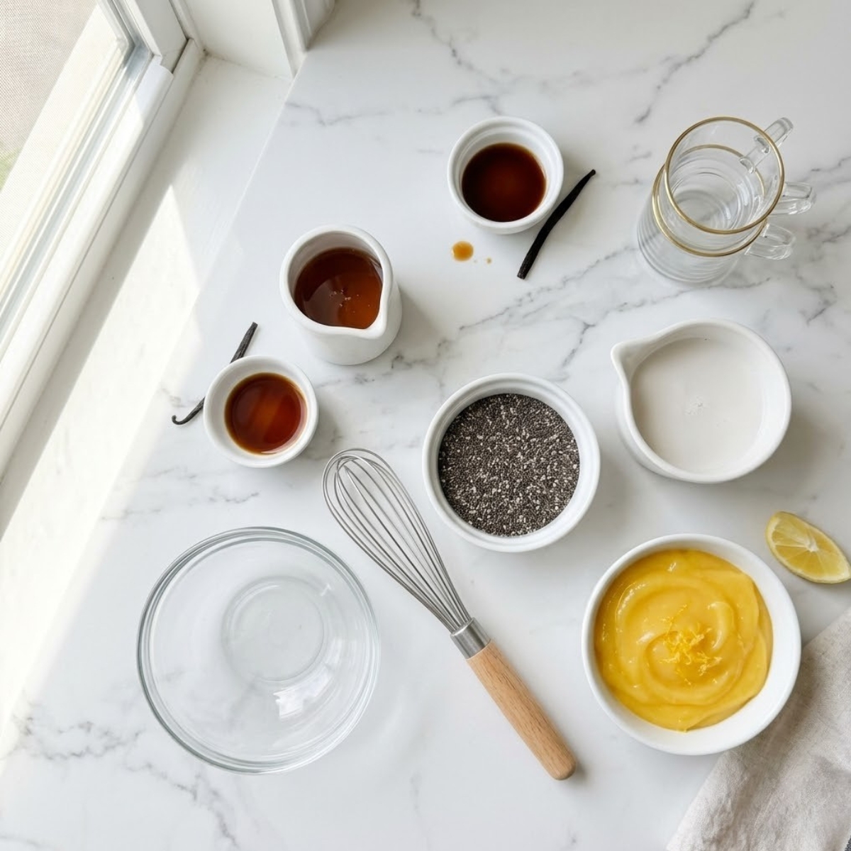 Organized overhead flat lay of raw ingredients for Lemon Curd Chia Pudding, including chia seeds, lemon curd, coconut milk, maple syrup, and vanilla extract, arranged on a white marble counter in natural light. No hands are visible.