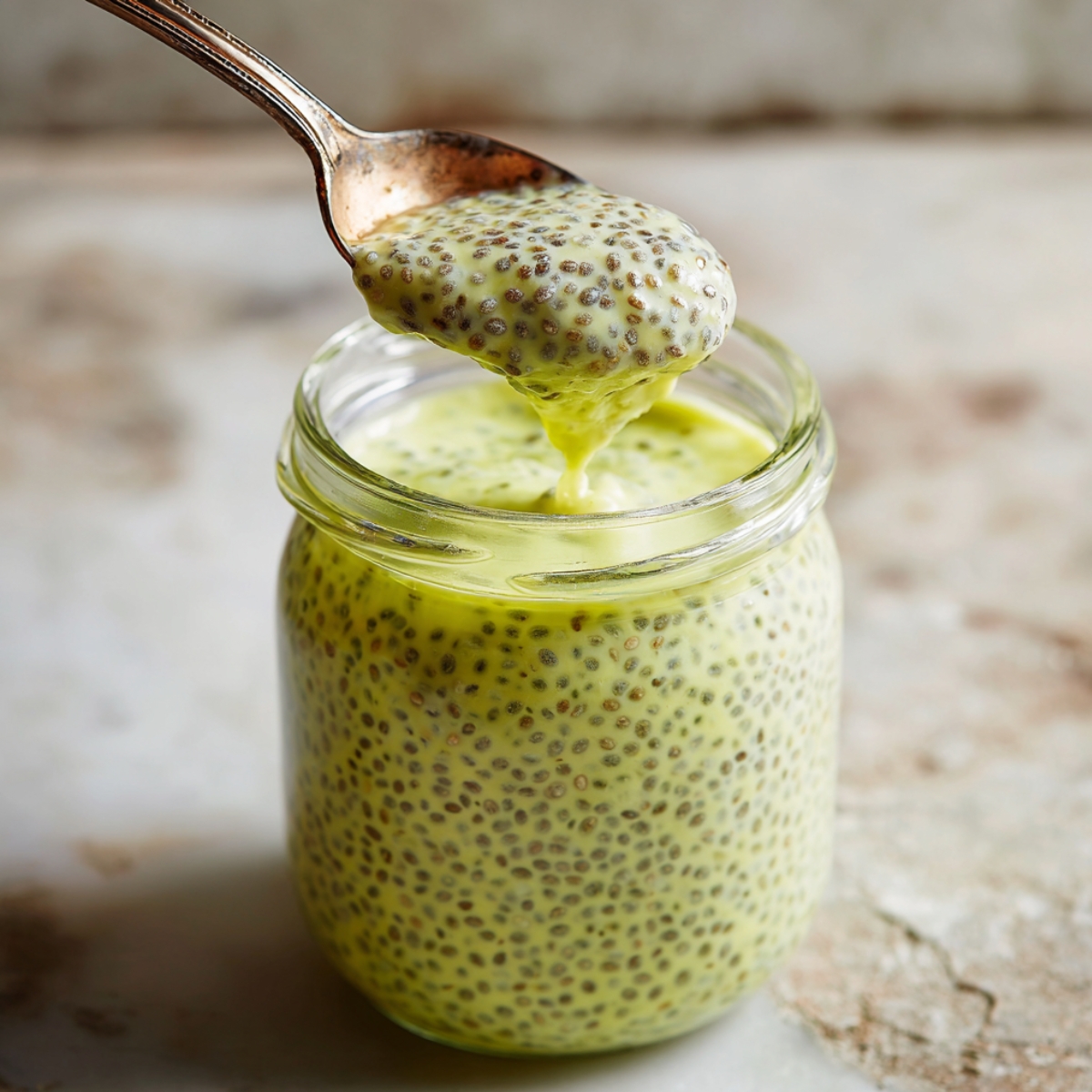 A glass jar of lemon curd chia pudding with a bright yellow-green hue and visible chia seeds, with a vintage spoon lifting a dripping spoonful above the jar, on a rustic stone surface.