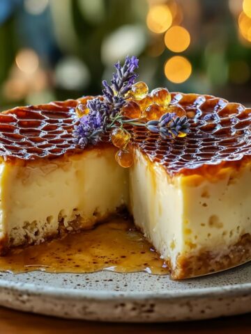 Lemon Lavender Cheesecake with Honeycomb on a speckled plate with a silky lemon filling, golden honeycomb topping, honey pearls, and fresh lavender sprigs.