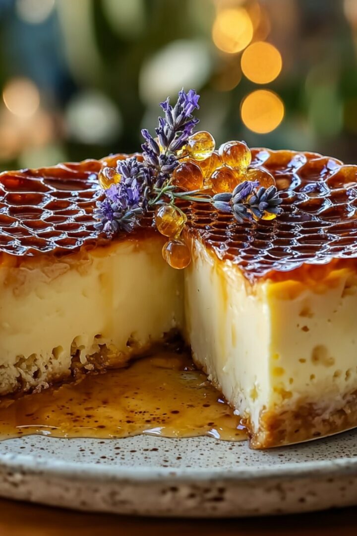 Lemon Lavender Cheesecake with Honeycomb on a speckled plate with a silky lemon filling, golden honeycomb topping, honey pearls, and fresh lavender sprigs.