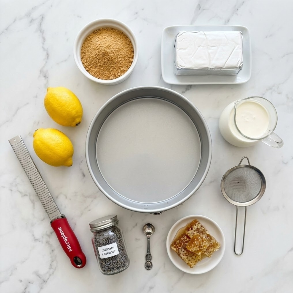 Organized overhead flat lay dyal raw ingredients for Lemon Lavender Honeycomb Cheesecake, including graham crackers, lavender, cream cheese, fresh lemons, honey, and bubble wrap, neatly arranged f bowls f a white marble counter f natural left light. No hands are visible.