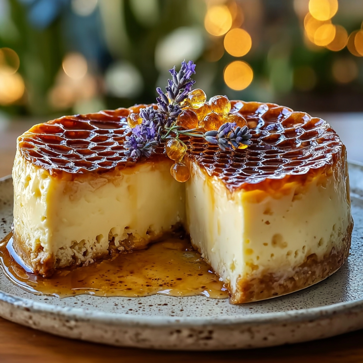 Lemon Lavender Cheesecake with Honeycomb on a speckled plate with a silky lemon filling, golden honeycomb topping, honey pearls, and fresh lavender sprigs.