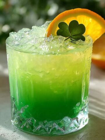 Leprechaun Lemonade in a crystal glass with vibrant green ombre layers over crushed ice, garnished with an orange slice and fresh shamrock.