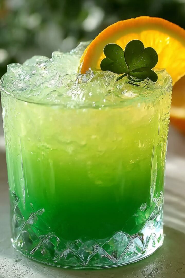 Leprechaun Lemonade in a crystal glass with vibrant green ombre layers over crushed ice, garnished with an orange slice and fresh shamrock.