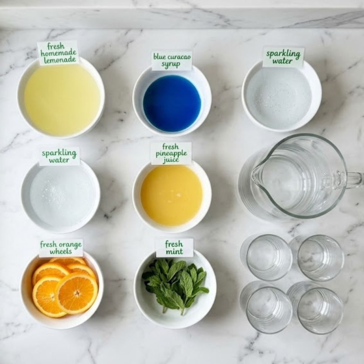 An organized overhead flat lay of raw ingredients for Leprechaun Lemonade, including lemonade, blue curacao syrup, pineapple juice, sparkling water, and orange wheels, neatly arranged in bowls with a large pitcher on a white marble counter in natural light. No hands are visible.