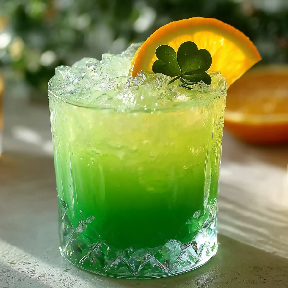 Leprechaun Lemonade in a crystal glass with vibrant green ombre layers over crushed ice, garnished with an orange slice and fresh shamrock.
