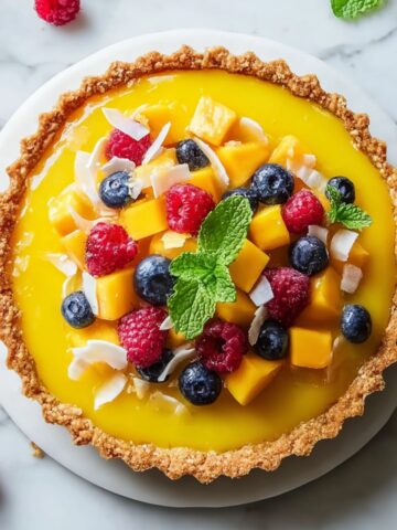 Mango Curd Tart with glossy yellow mango filling in a golden crust, topped with fresh mango, blueberries, raspberries, coconut flakes, and mint.