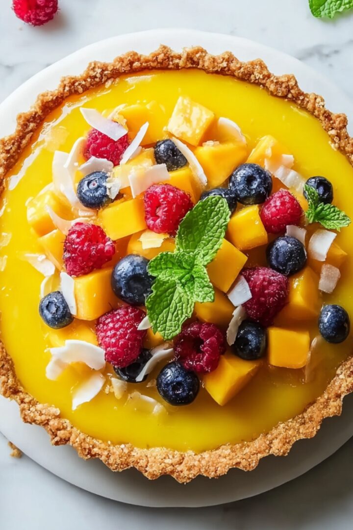 Mango Curd Tart with glossy yellow mango filling in a golden crust, topped with fresh mango, blueberries, raspberries, coconut flakes, and mint.